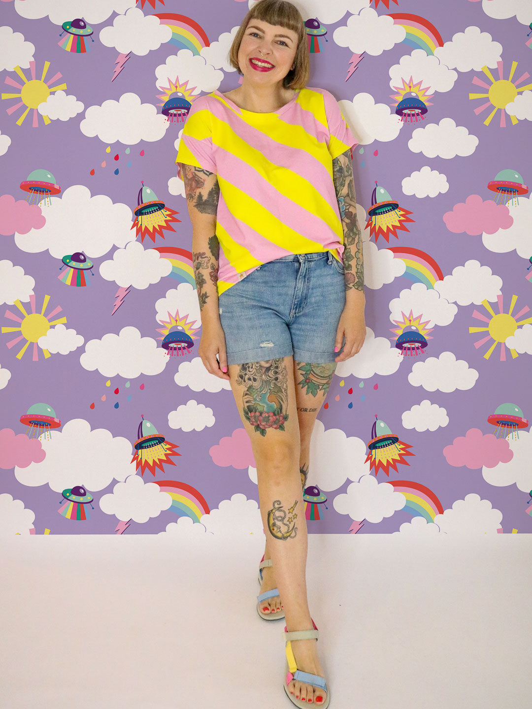 J&amp;J Bio Jersey Diagonalz rosa gelb