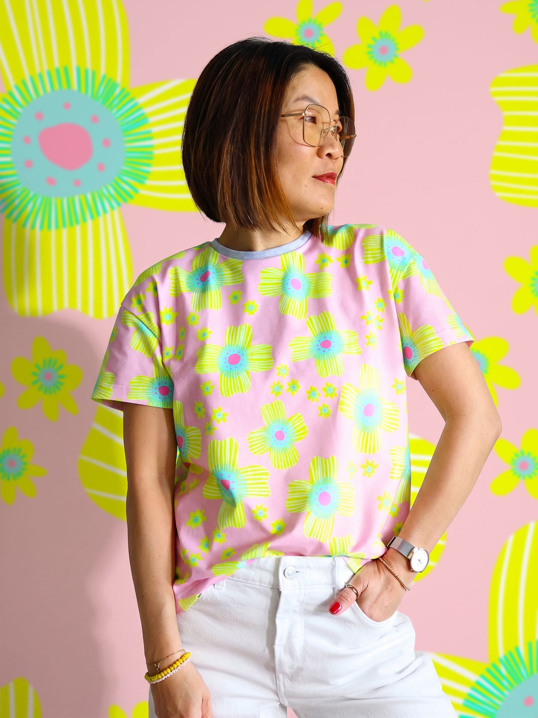 J&amp;J Bio Jersey Floral Pop rosa