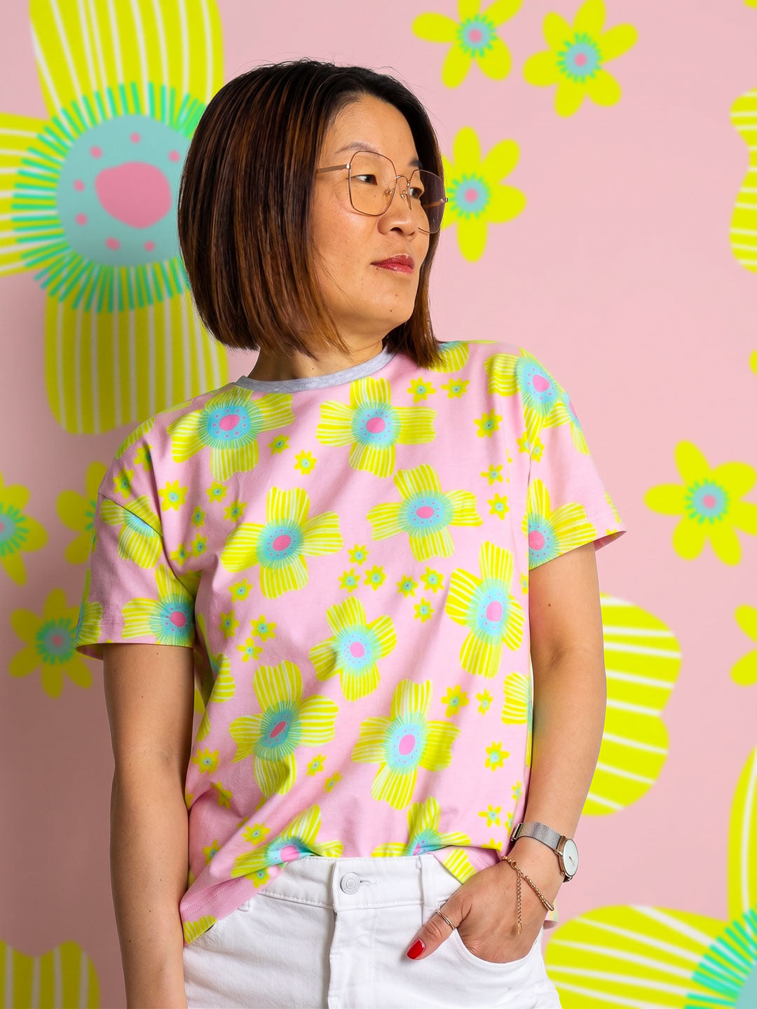 J&amp;J Bio Jersey Floral Pop rosa