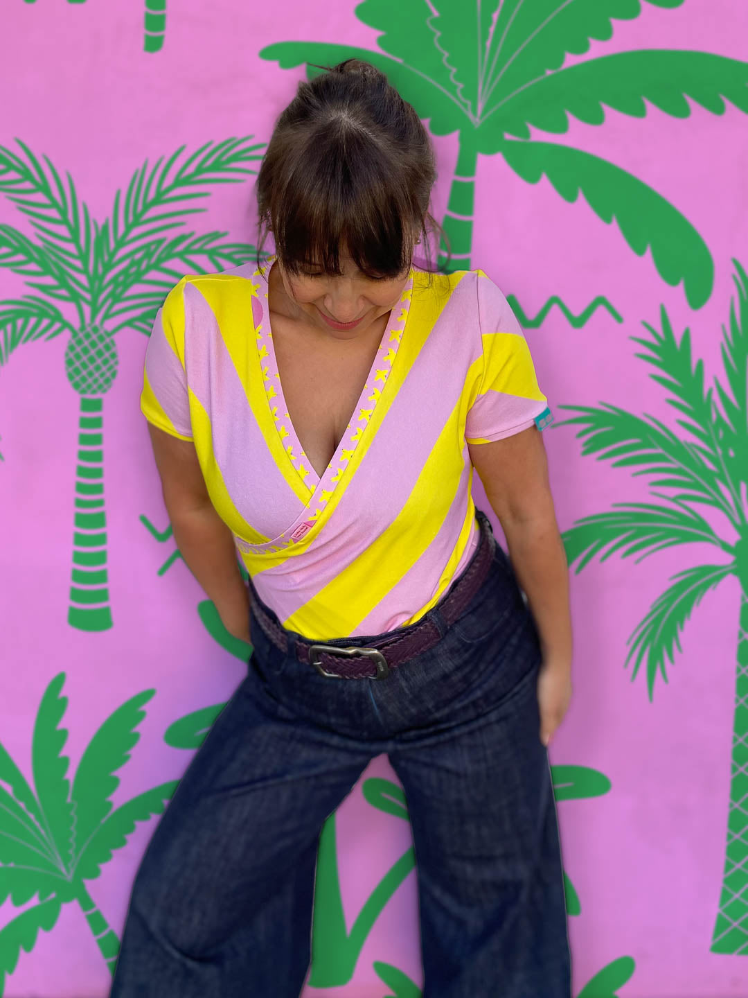 J&amp;J Bio Jersey Diagonalz rosa gelb