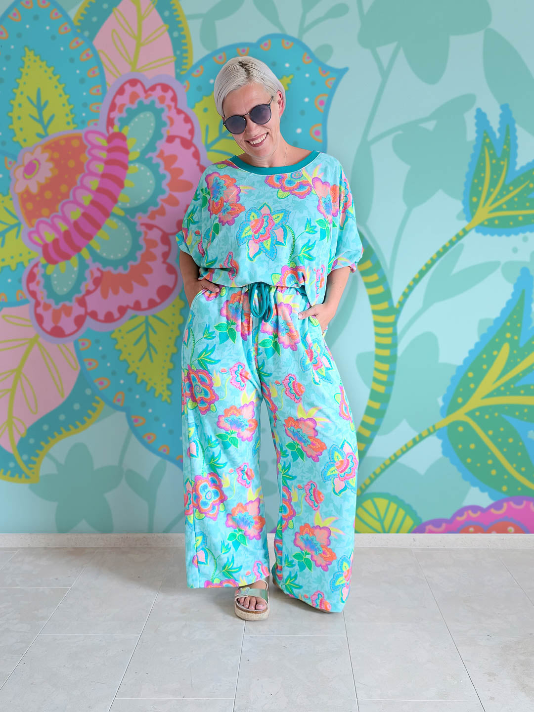 J&amp;J Bio Stretch Frottee Fabulous Flowers aqua