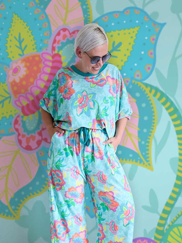J&amp;J Bio Stretch Frottee Fabulous Flowers aqua