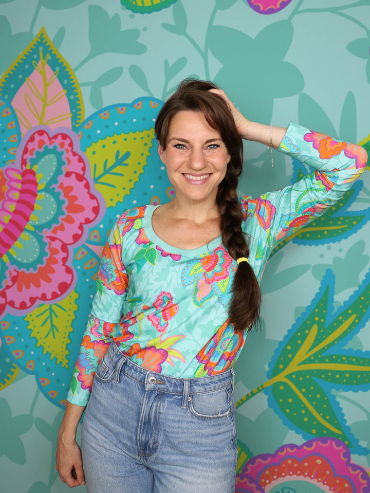 J&amp;J Bio Jersey Fabulous Flowers aqua