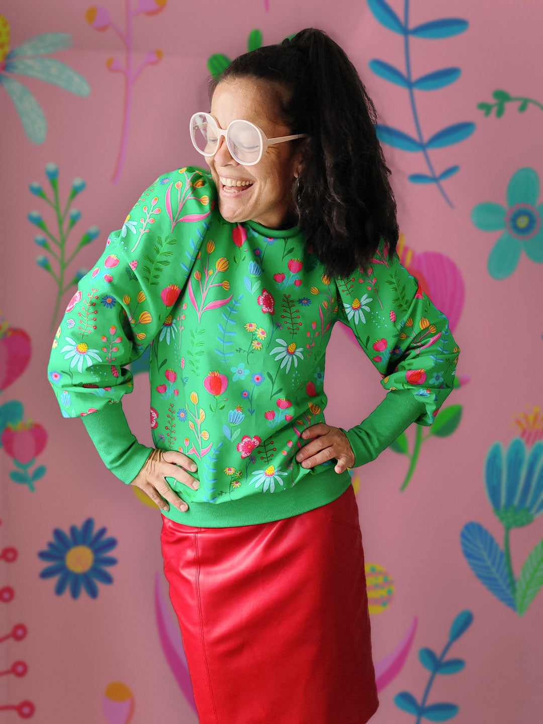 J&J Bio French Terry Little Wildflowers hellgrün