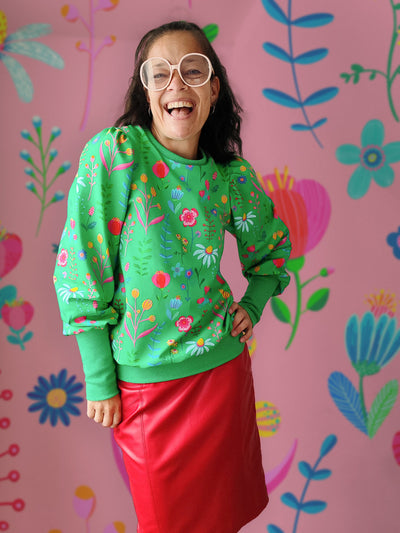 J&J Bio French Terry Little Wildflowers hellgrün