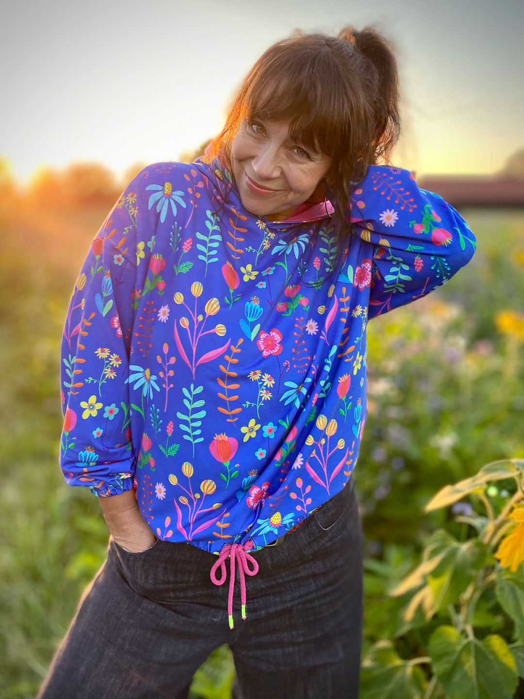 J&amp;J Bio French Terry Little Wildflowers blau