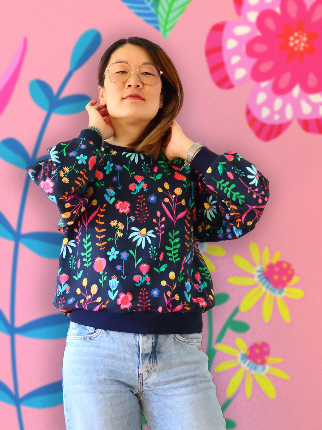 J&J Bio French Terry Little Wildflowers marine