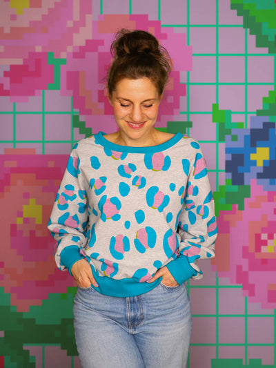 French Terry Leo Excentric melange light petrol extrabreit