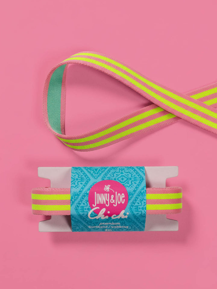 J&amp;J Gurtband Premium 25mm Doubleface neon gelb rosa