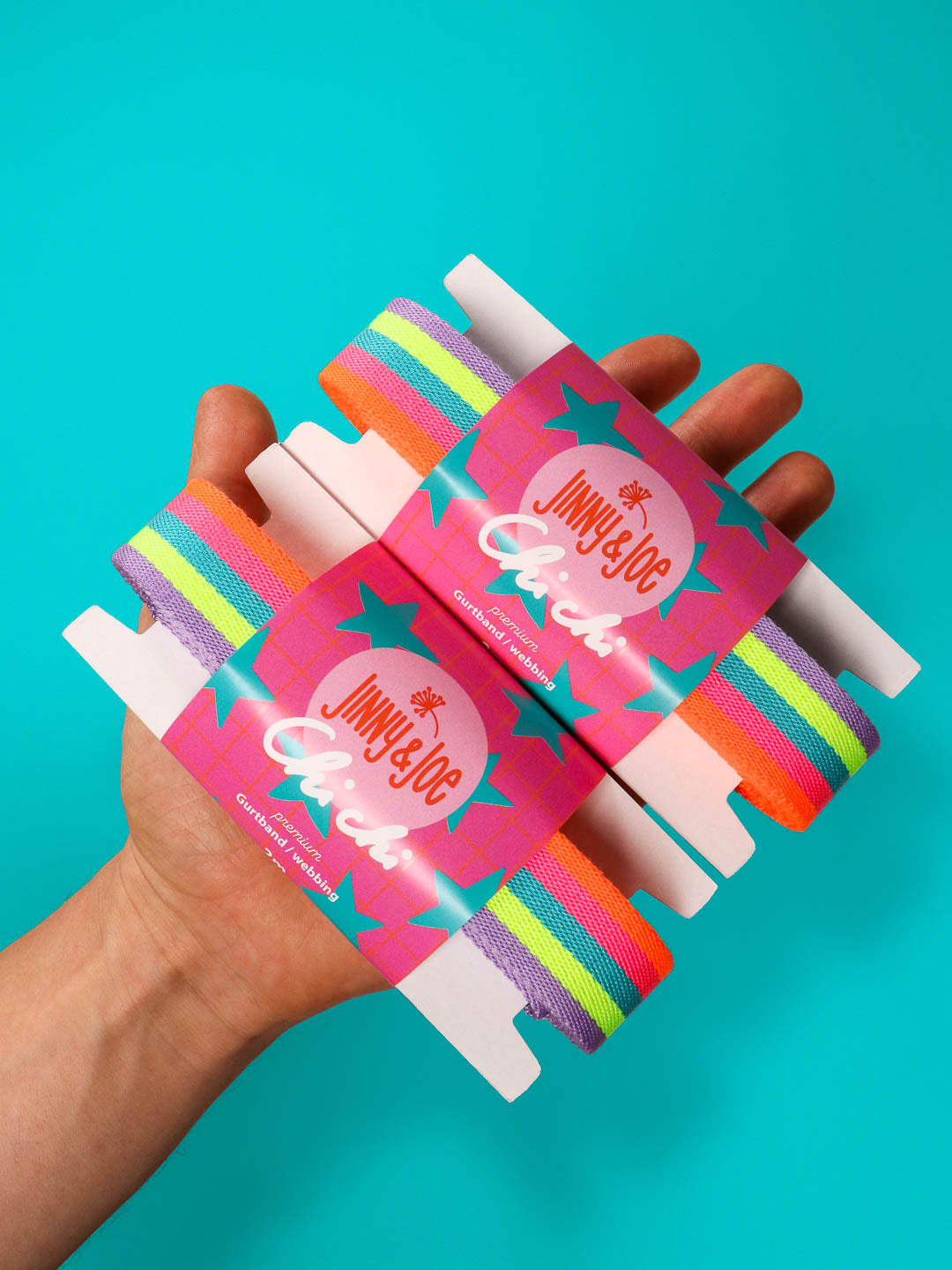 J&amp;J Gurtband Premium 25mm neon Rainbow
