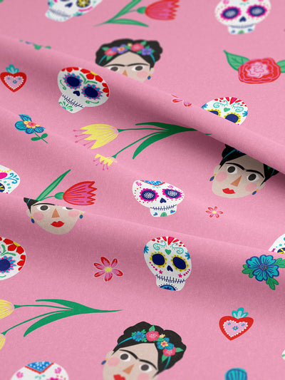 J&J Jersey Frida Kahlo Sugar Skulls rosa extrabreit