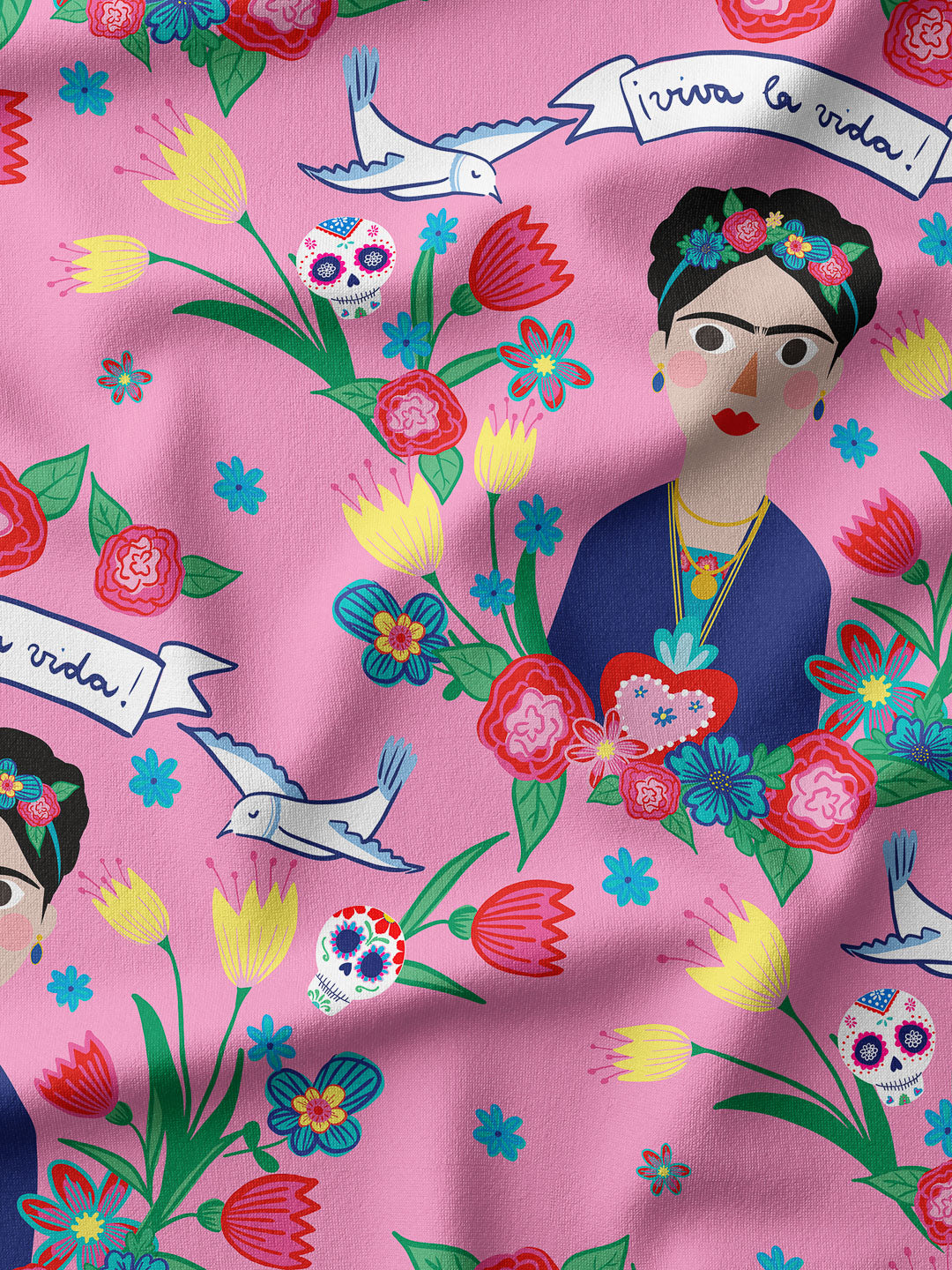 J&J French Terry Frida Kahlo Viva La Vida rosa extrabreit