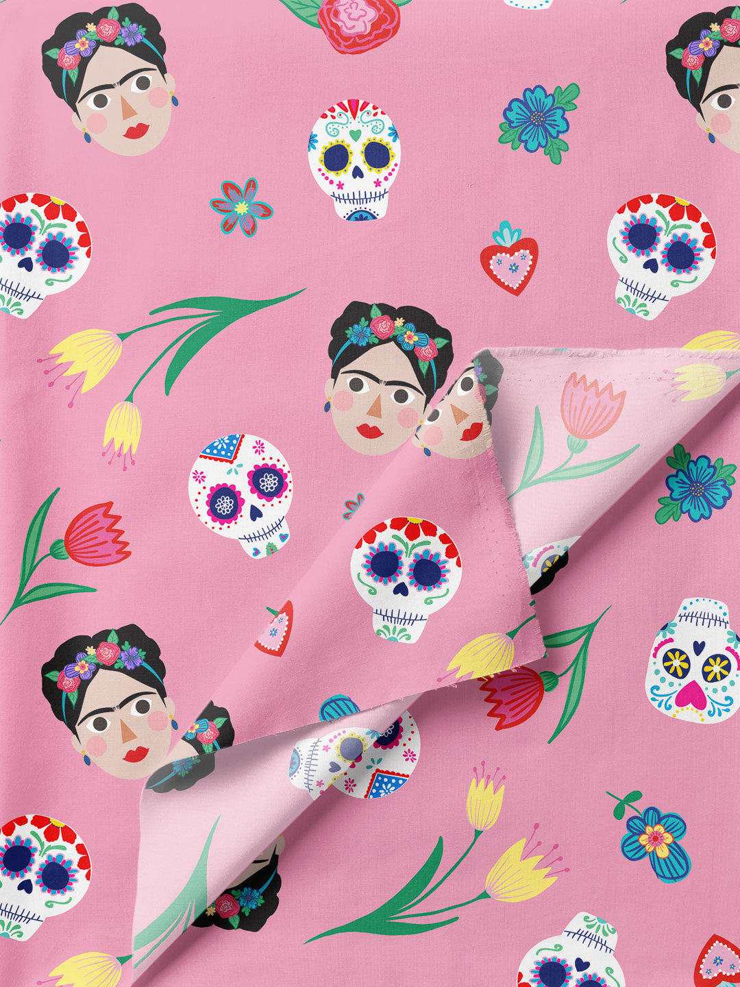 J&J Popeline Frida Kahlo Sugar Skulls rosa