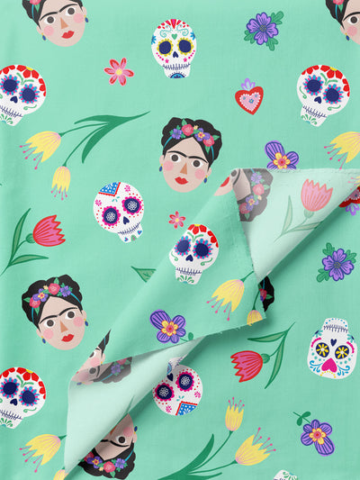 J&J Popeline Frida Kahlo Sugar Skulls aqua